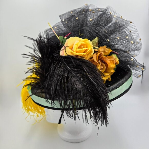 Vintage Hat With Feathers And Flowers Black Yellow Costume Halloween Fancy Read - Picture 3 of 11